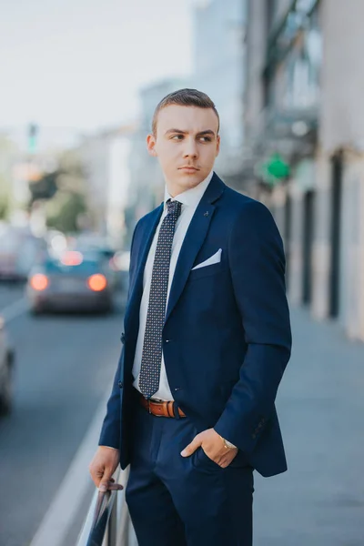 Caucasian Young Businessman Suit Tie Standing Outdoor — 스톡 사진