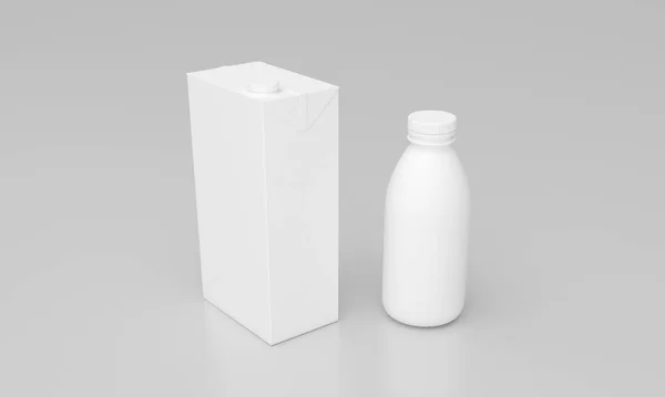 Återgivning Vit Mjölkpaket Och Flaska Grå Bakgrund — Stockfoto