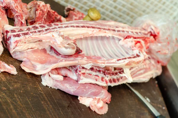 Closeup Shot Fresh Raw Piece Pork Market — Stock Photo, Image