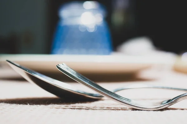 Selective Focus Shot Spoon Fork Dinner Table — Stock Photo, Image