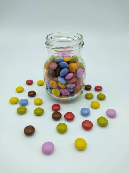 Vertical Shot Small Colorful Candies Glass Jar Isolated Background — Stock Photo, Image
