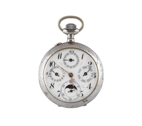 Een Oud Zilveren Zakhorloge Geïsoleerd Een Witte Achtergrond — Stockfoto