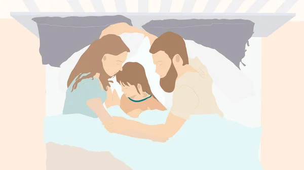 为庆祝国际父亲节 一对夫妇和他们的女儿舒服地拥抱在一起睡觉 — 图库照片