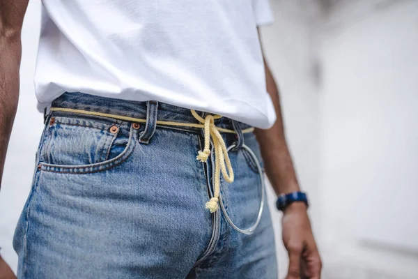 Closeup Man Wearing Jeans White Shirt Fashion Photoshoo — Stock fotografie