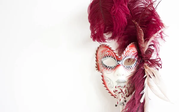 Closeup Beautiful Red Venetian Carnival Mask Unique Design White Background — Stock Photo, Image