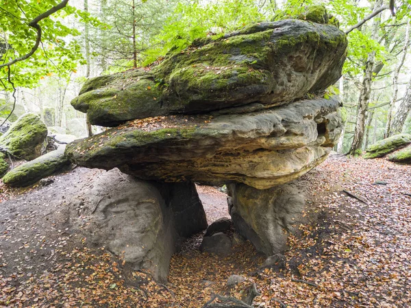 森の中に積み上げられた巨大な苔で覆われた岩の塊 — ストック写真