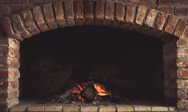 Closeup Shot Burning Firewood Stone Fireplace — Stok fotoğraf