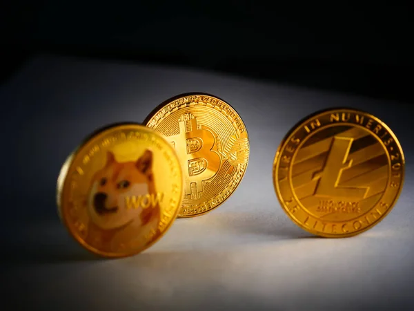 Tiro Monedas Criptomoneda Litecoin Dogecoin Bitcoin — Foto de Stock