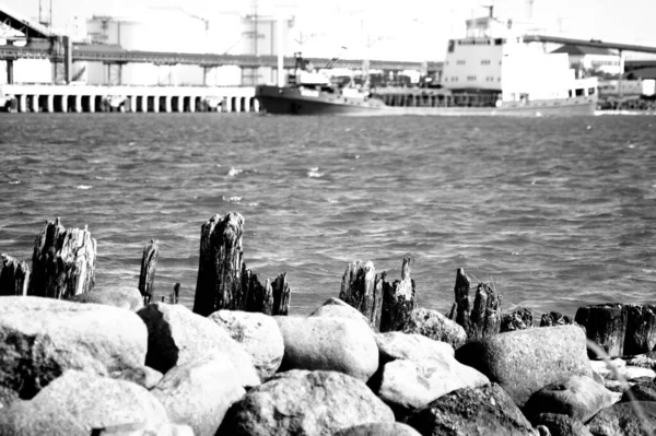 Gråskala Stenig Strand Ett Fartygs Och Industrianläggnings Bakgrund — Stockfoto