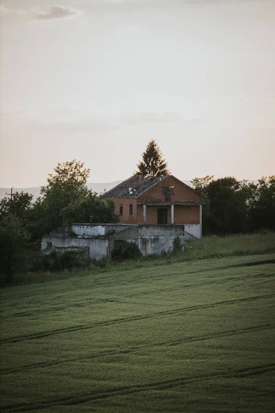Tiro Vertical Campo Escuro Grama Campo Com Uma Casa Abandonada — Fotografia de Stock