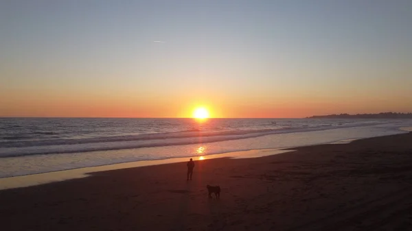 Een Heldere Zonsondergang Weerspiegeld Oceaanwater Een Man Met Zijn Hond — Stockfoto