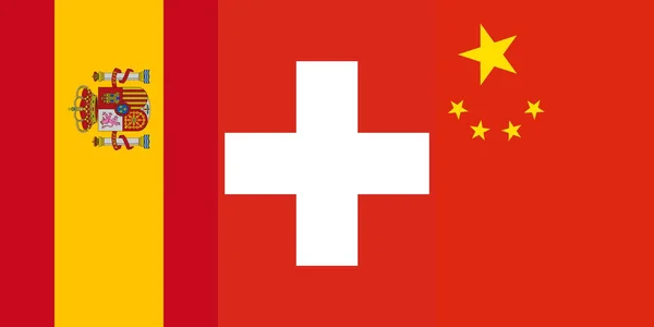 Die Flaggen Spaniens Der Schweiz Und Chinas Als Hintergrund — Stockfoto