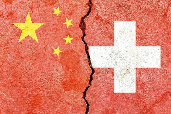 Switzerland China Flags Cracked Wall Surface — Stock Photo, Image