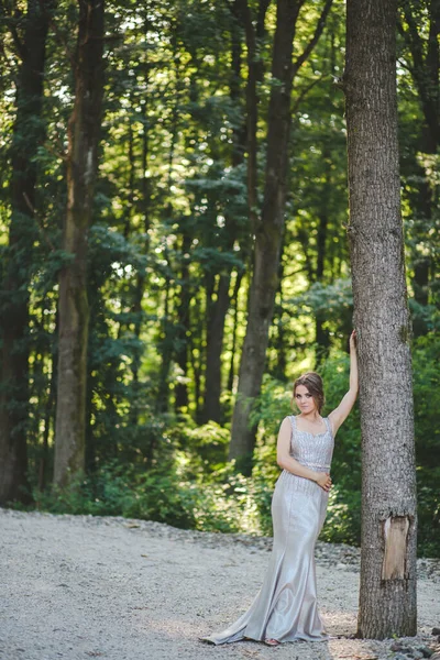 木でいっぱいの公園で木に寄りかかっている銀のドレスを着た熱いブロンドの白人女性 — ストック写真