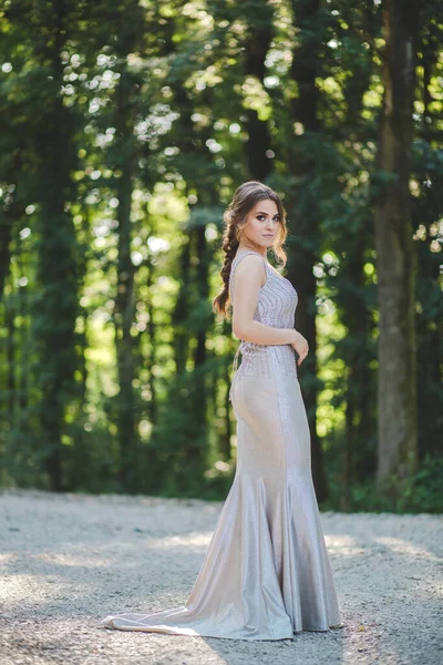 Uma Mulher Caucasiana Loira Quente Usando Vestido Prata Parque Cheio — Fotografia de Stock