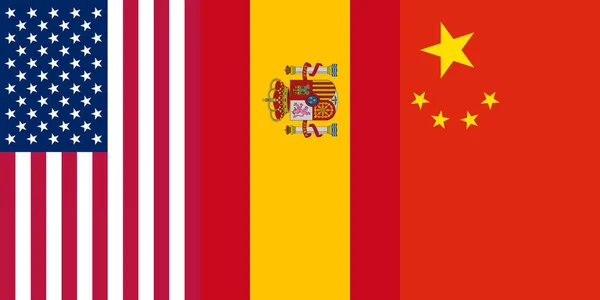 Usa Spanien Och Kina Flaggor För Bakgrunder — Stockfoto