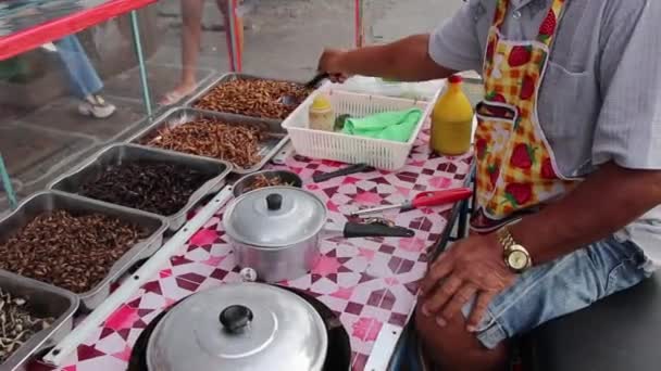Préparation Savoureux Aliments Thaïlandais Frits Aux Insectes Dans Stand Mobile — Video