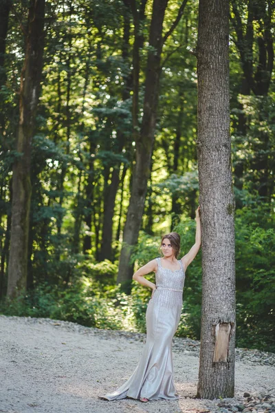 Uma Mulher Branca Bonita Com Vestido Noite Prata Posando Parque — Fotografia de Stock