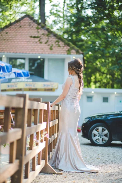 Uma Atraente Mulher Caucasiana Vestindo Elegante Vestido Prata Comprida Apoiada — Fotografia de Stock