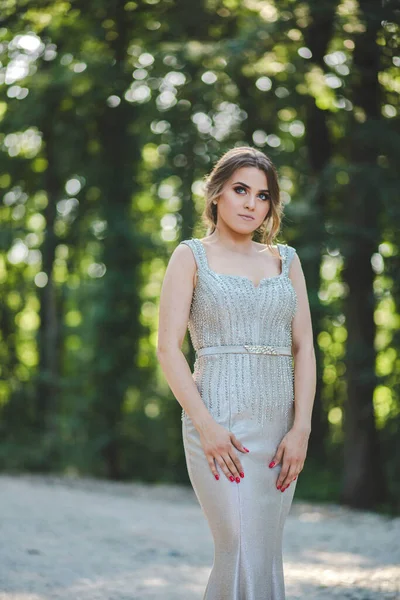 Eine Attraktive Kaukasische Frau Einem Eleganten Langen Silbernen Kleid Posiert — Stockfoto