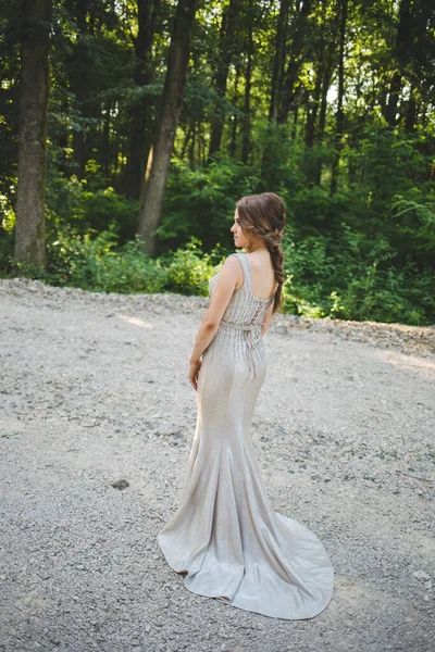 Eine Hübsche Kaukasische Frau Silbernen Abendkleid Posiert Park — Stockfoto