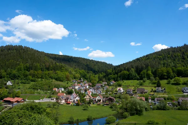 과푸른 잔디가 풍경에 마을을 클로즈업 — 스톡 사진