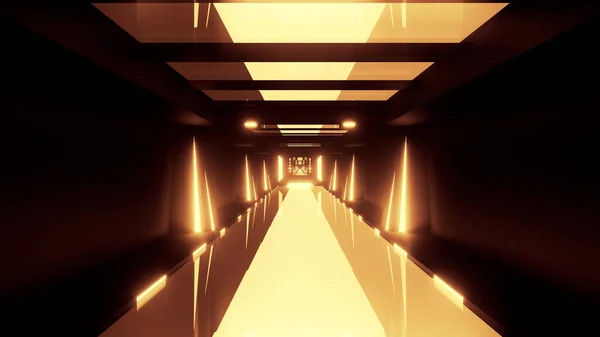 Renderelés Egy Folyosón Geometriai Formák Fényes Arany Led Fények — Stock Fotó