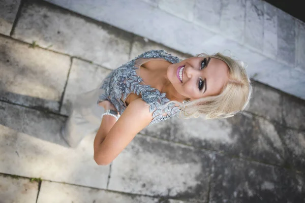 Overhead Shot Smiling Caucasian Female Evening Makeup Luxury Dress — ストック写真