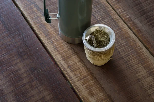Mate Caffeine Rich Infused Drink Wood Cup Next Thermos Bottle — Stock Fotó