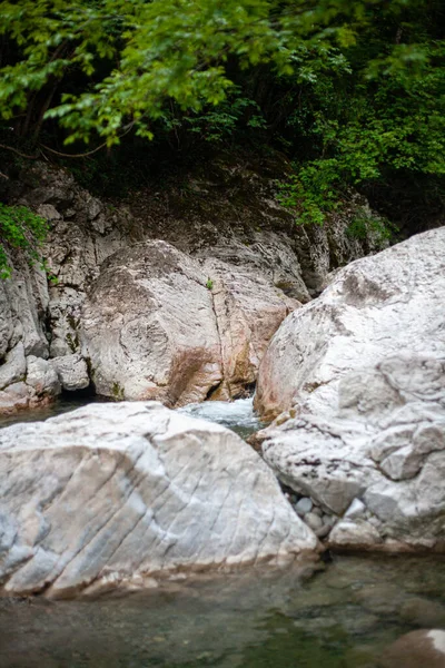 イタリアのマルターニ カステル アルカートの森の中の岩を流れる川の垂直ショット — ストック写真