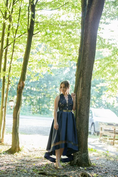 Uma Mulher Branca Atraente Vestindo Elegante Vestido Azul Escuro Posando — Fotografia de Stock