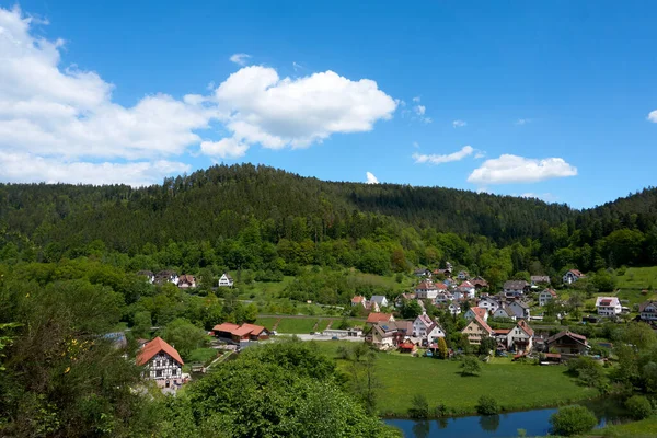 Vacker Utsikt Över Hus Äng Omgiven Träd Molnig Himmel — Stockfoto