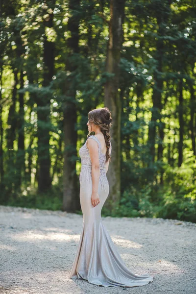 公園でポーズをとっている上品なロングシルバーのドレスを着た魅力的な白人女性 — ストック写真