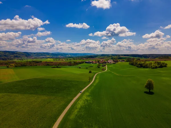 Aerial Shot Landscape Green Fields Sunny Day — Stock fotografie