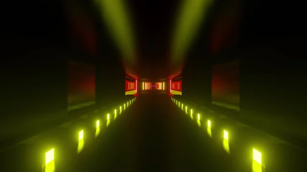 Geometrik Şekilli Parlak Işıklı Karanlık Bir Koridorun Boyutlu Görüntüsü — Stok fotoğraf