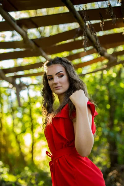 Красивая Белая Женщина Красном Платье Позирующая Парке — стоковое фото