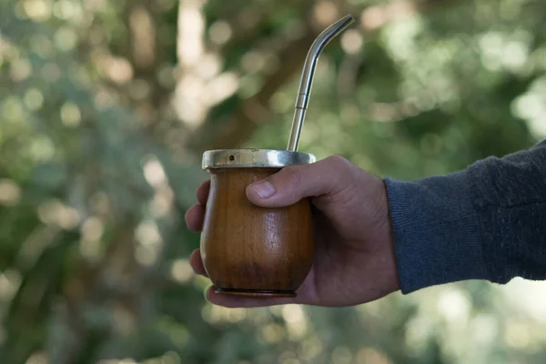 Closeup Shot Male Hand Holding Mate Caffeine Rich Infused Drink — Fotografia de Stock