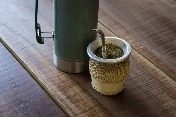Mate Caffeine Rich Infused Drink Wood Cup Next Thermos Bottle —  Fotos de Stock
