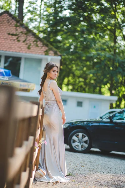 Uma Mulher Caucasiana Atraente Vestindo Vestido Prata Longo Elegante Posando — Fotografia de Stock