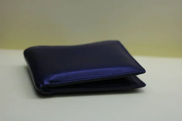 Closeup Black Leather Wallet White Surface Blurry Background — Stock Photo, Image