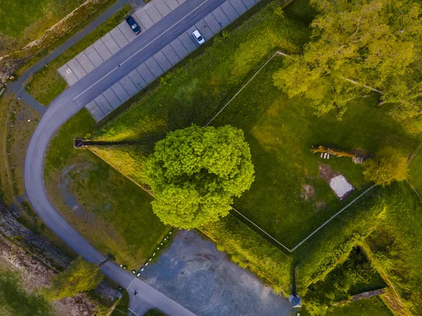 Overhead Shot City Park Green Fields Parking Space — Fotografia de Stock