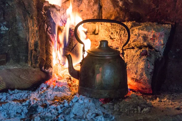 Wood Stove Kettle Heating Water Field — Stok fotoğraf