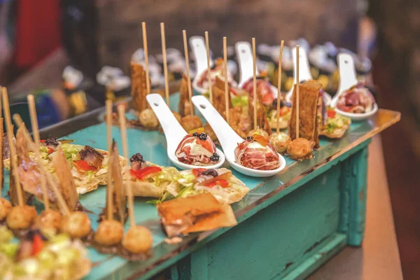 Assortment Tapas Green Wooden Table Ceremony — Stock Photo, Image