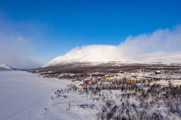 Aerial View Fog Clouds Moving Saanatunturi Fell Drone Shot — Stock fotografie