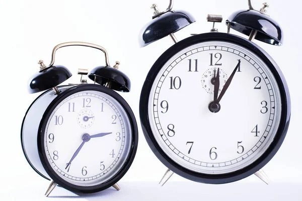 Two Black Alarm Clocks Isolated White Background — Fotografia de Stock