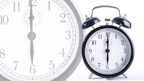 Two Black Alarm Clocks Isolated White Background — Zdjęcie stockowe