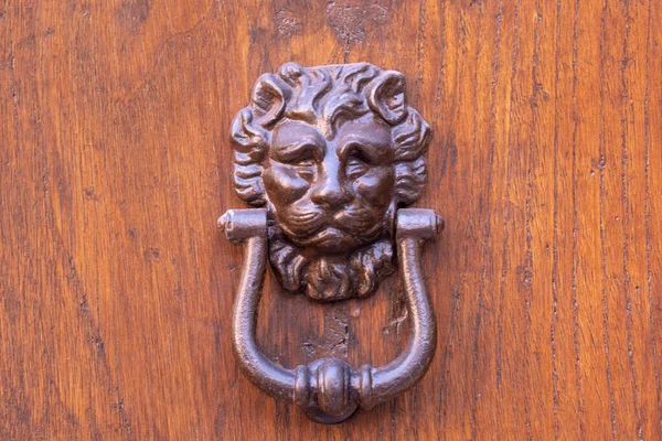 Old Metal Door Knocker Lions Head Rustic Wooden Door Italy — Stock Photo, Image