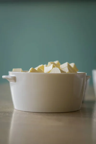 White Bowl Butter Cubes Kitchen Wooden Table — Stock fotografie