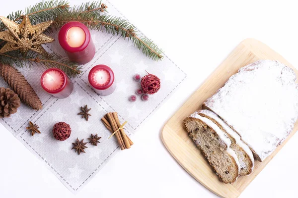 Top View Sweet Bread Slices Wooden Board Christmas Candles Pine — Stok fotoğraf