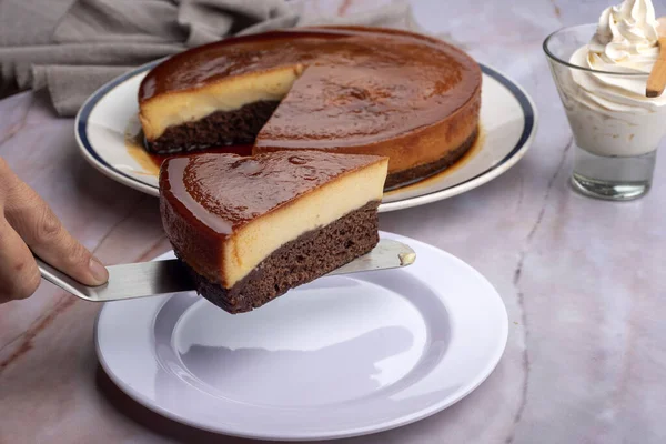 Closeup Shot Freshly Baked Chocolate Sponge Cake Slice Put Plate — Φωτογραφία Αρχείου